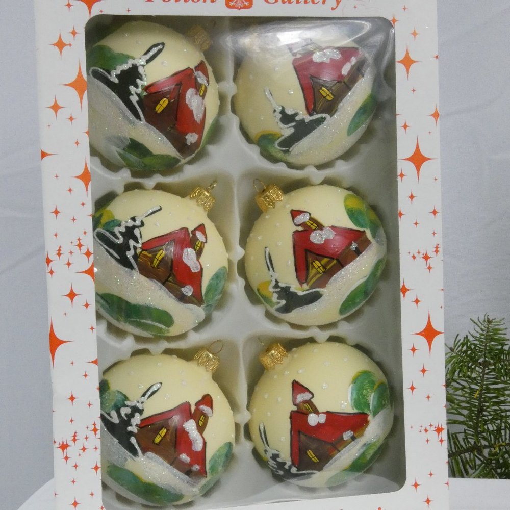 Winter Village Hand Decorated Christmas Ornament 3" Blown Glass Ball**SET OF 6**